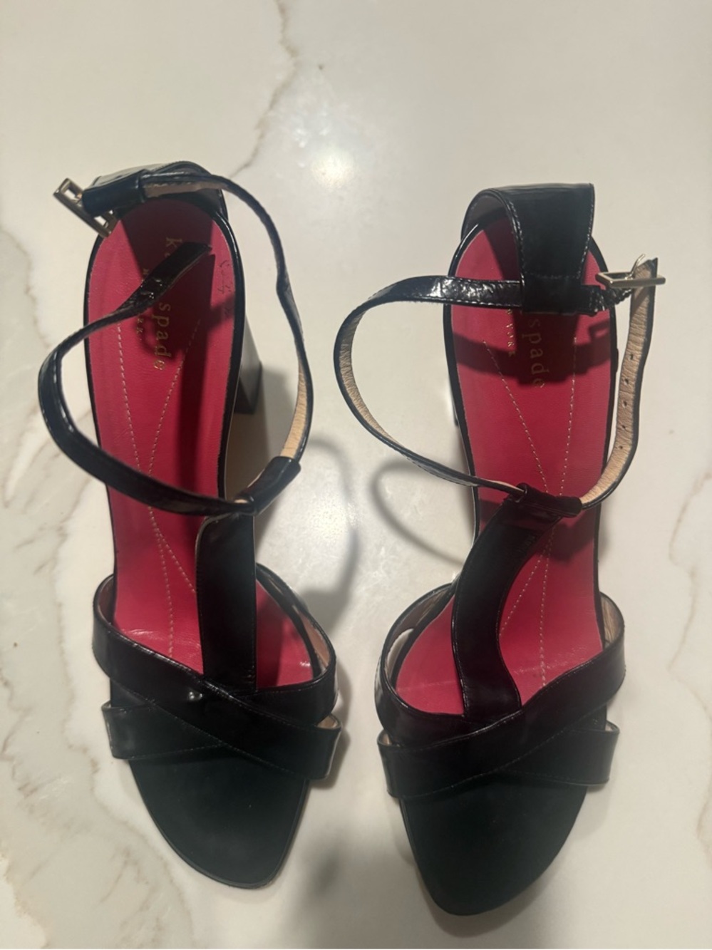 kate spade Black Patent Strappy Block Heel Sandals with Pink Insole